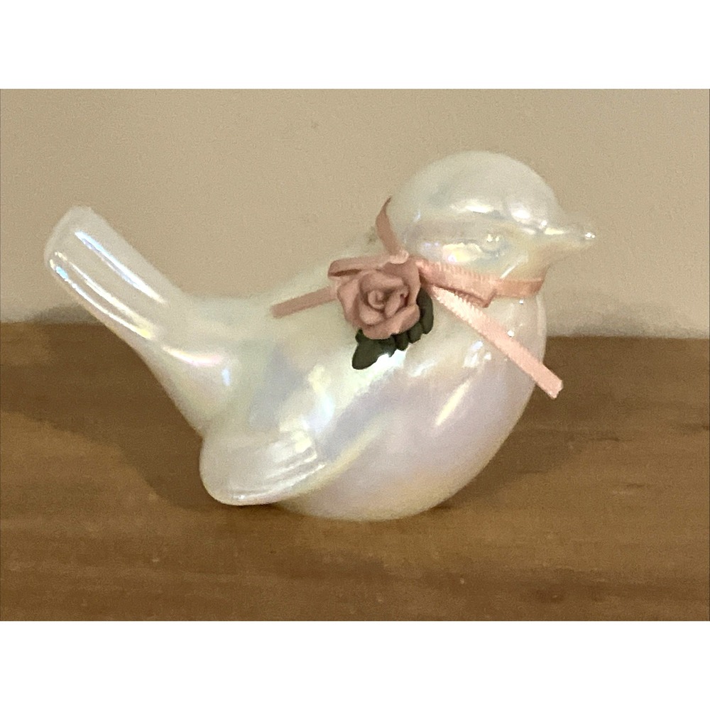 Fenton French Opalescent Inspirations Song Bird with Pink Rose, Leaf & Ribbon